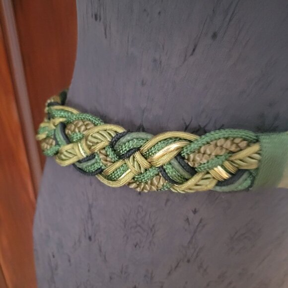 Vintage Ione Womens Braided Green Belt With Metal Buckle & Hook Loop Closure - Picture 2 of 6